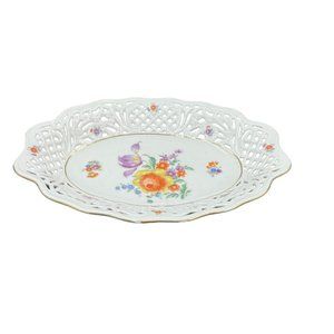 Vintage SCHUMANN Porcelain Pierced DRESDEN FLOWER Bouquet Oval Bowl Tray 12”